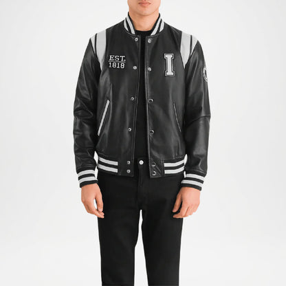 black and white leather letterman jacket