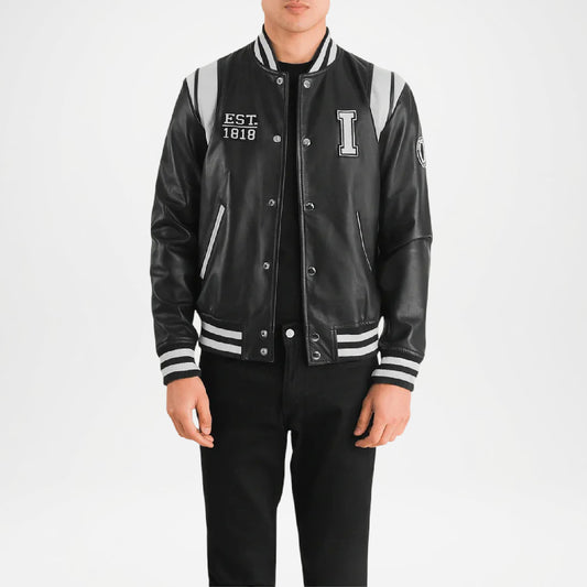black and white leather letterman jacket