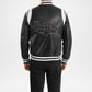 Black varsity jacket with a map of the United States and a red heart on the back