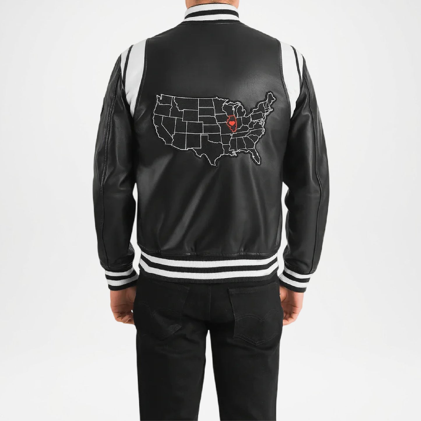 Black varsity jacket with a map of the United States and a red heart on the back