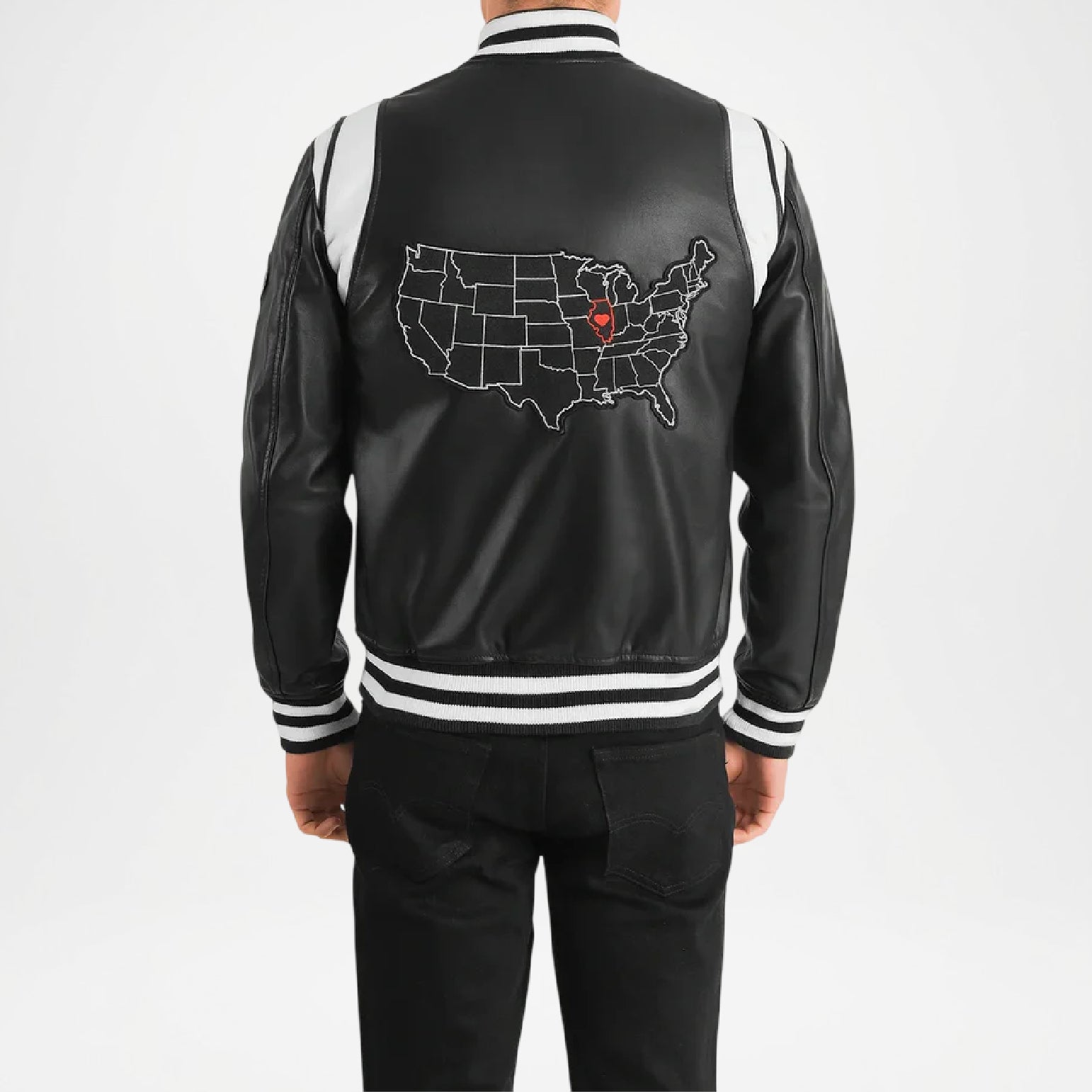 Black varsity jacket with a map of the United States and a red heart on the back