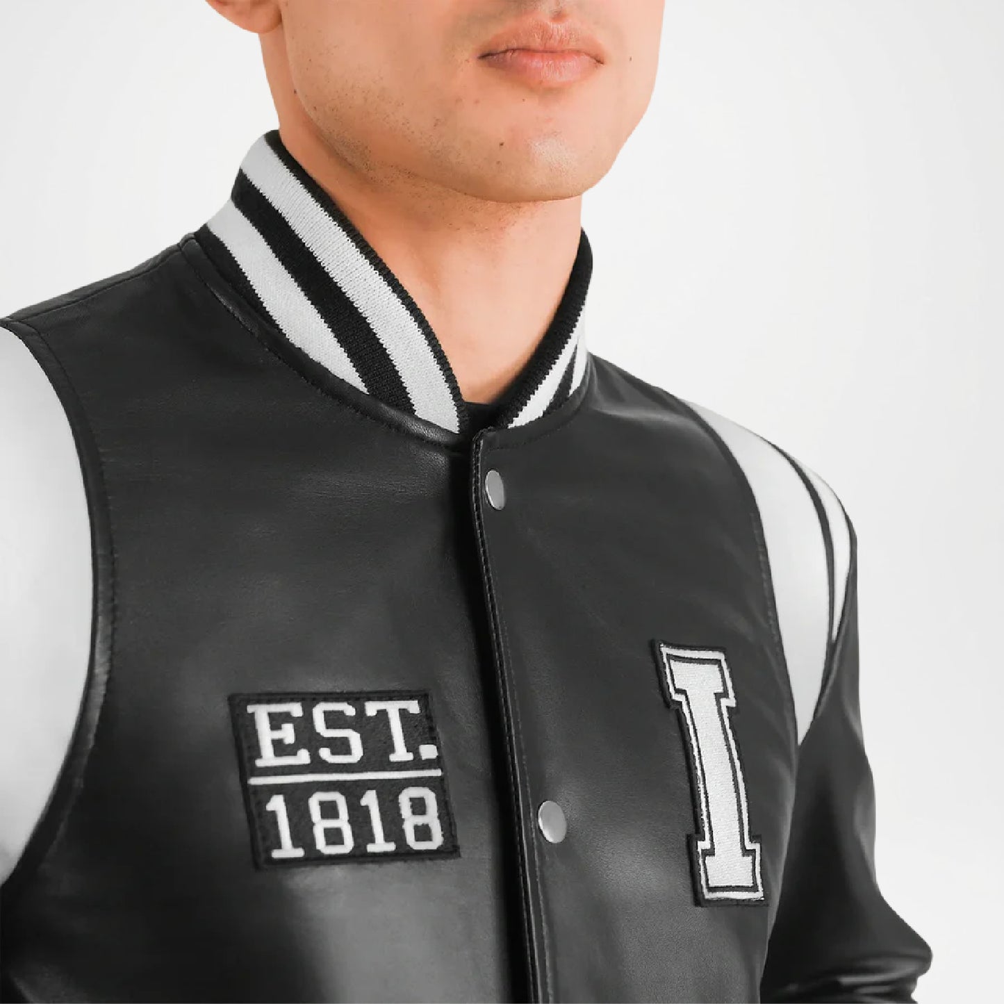 black leather varsity jacket for men