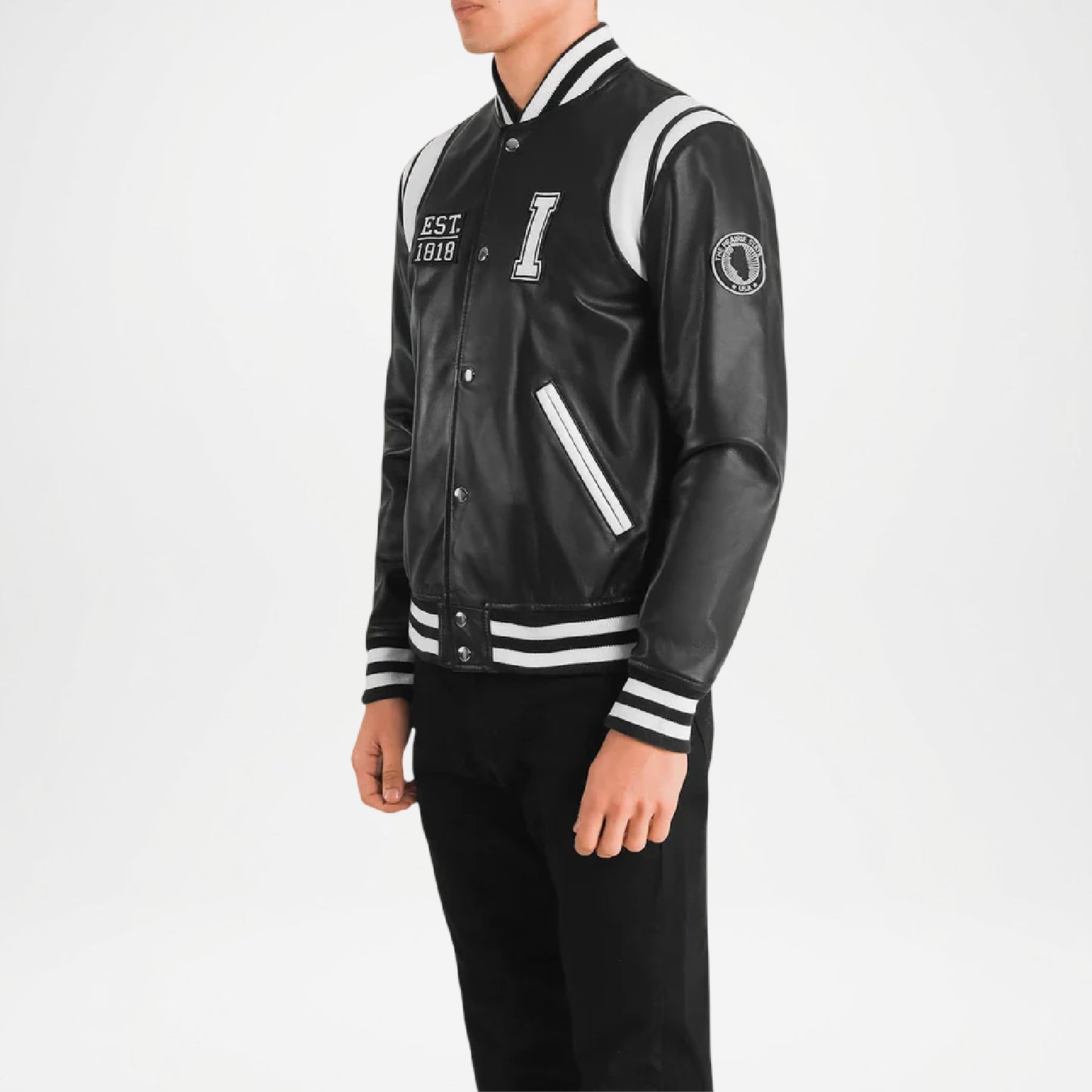 Black varsity jacket with white accents 