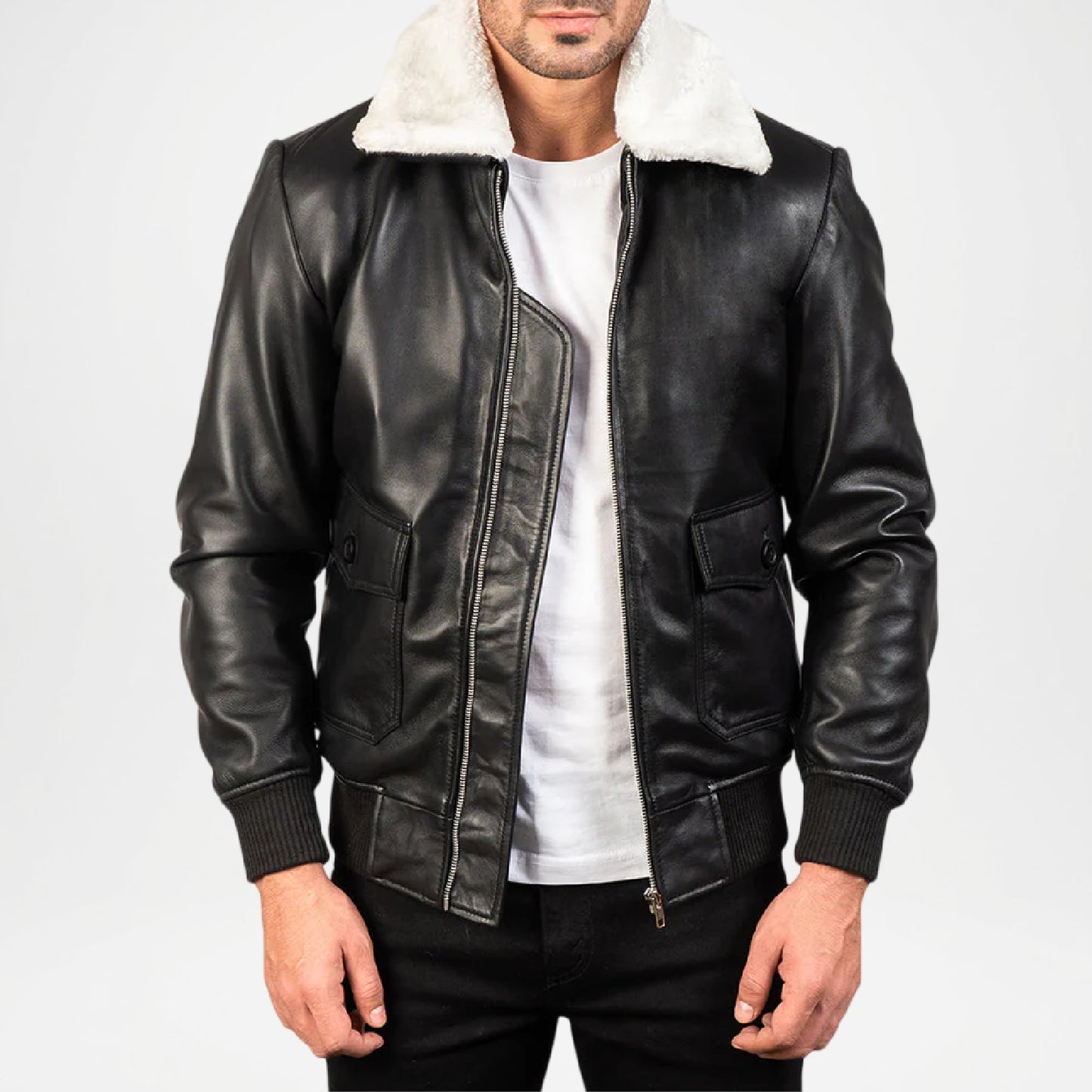 Black leather jacket with white fur lining