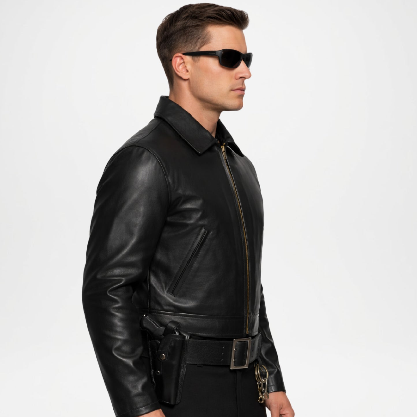 Man wearing a black leather jacket and sunglasses on a white background
