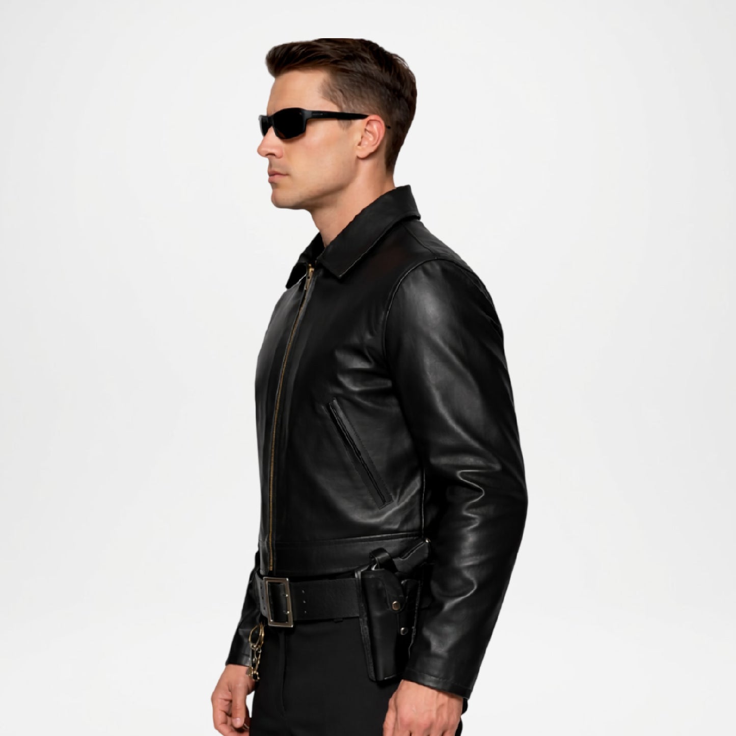 black police style leather jacket