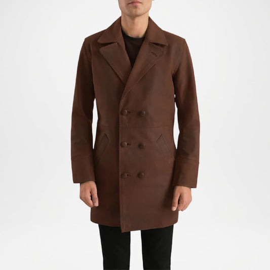 Men’s Brown Long Leather Coat Classic Style