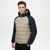 two-tone puffer jacket with beige and navy colors 
