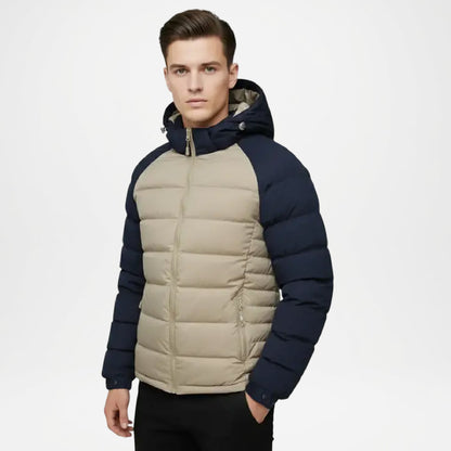 two-tone puffer jacket with beige and navy colors 