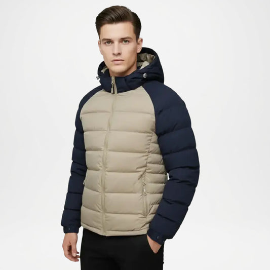two-tone puffer jacket with beige and navy colors 