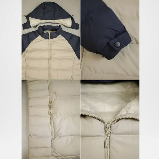 Collage of a beige and navy puffer jacket