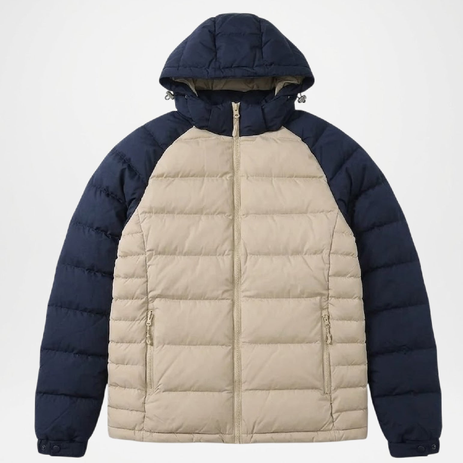 Two-tone puffer jacket with navy sleeves and beige body 