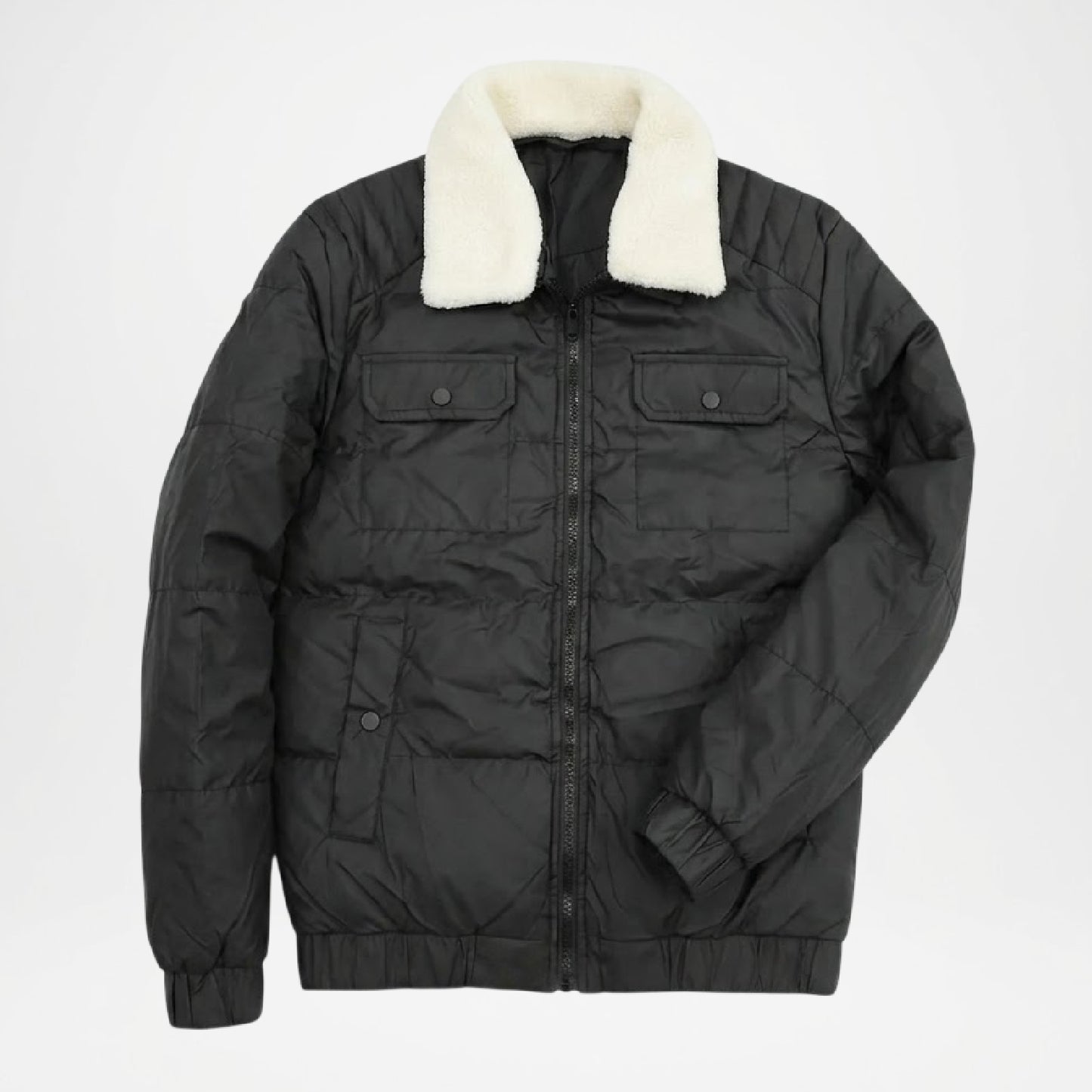 Black puffer jacket with white fur collar 