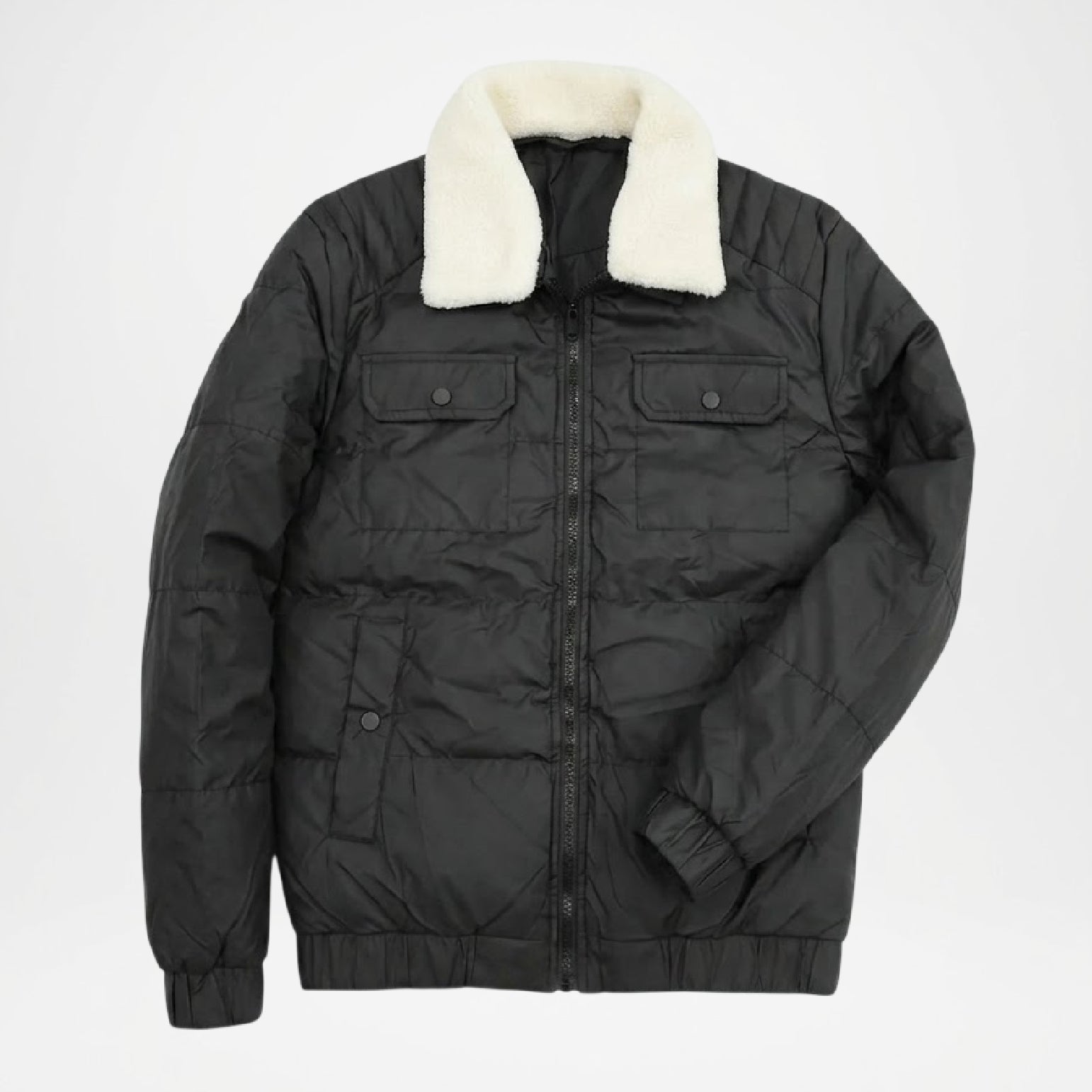 Black puffer jacket with white fur collar 