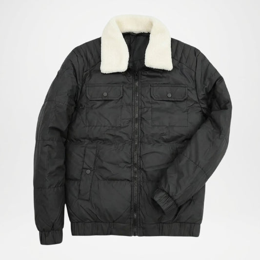 Black puffer jacket with white fur collar 