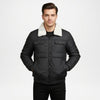 black puffer jacket with white fur lining 