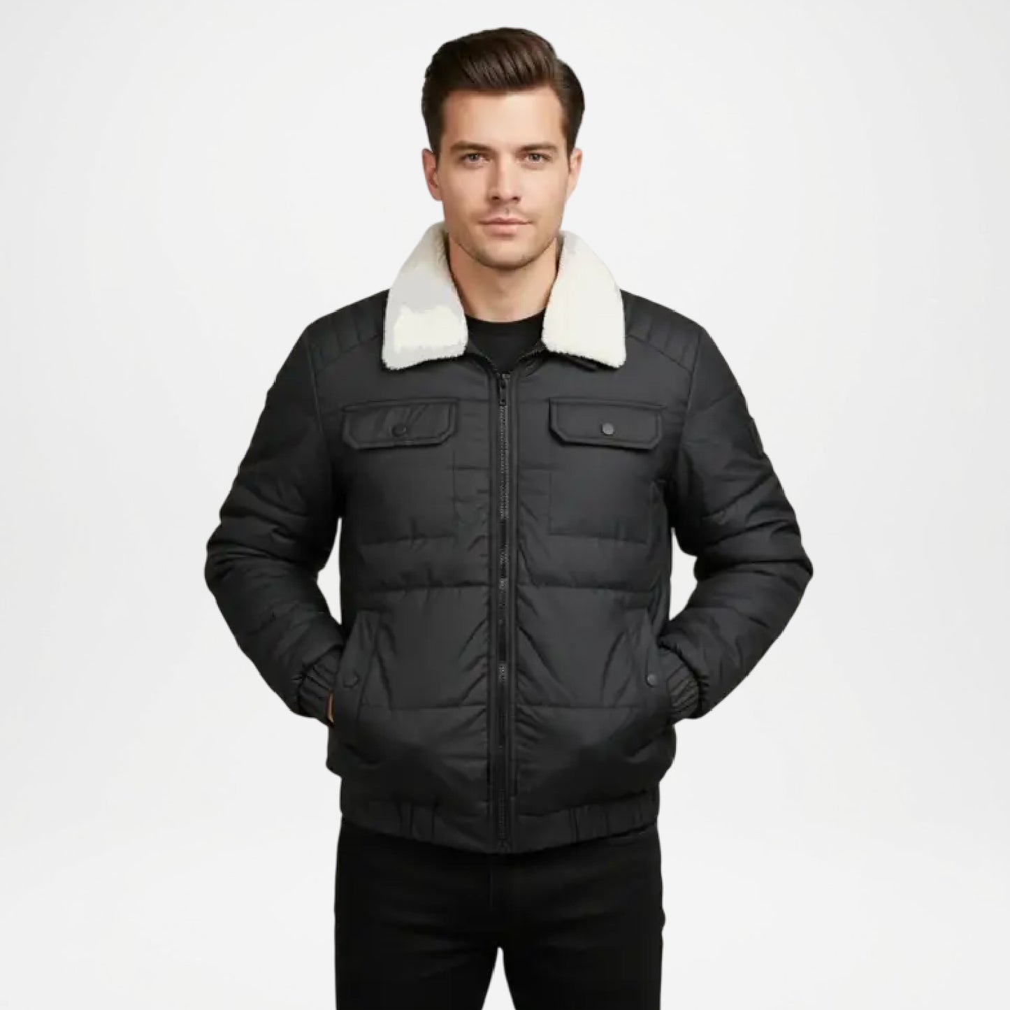black puffer jacket with white fur lining 