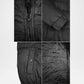 Collage of a black puffer jacket showing details like zipper, fabric texture, and stitching.