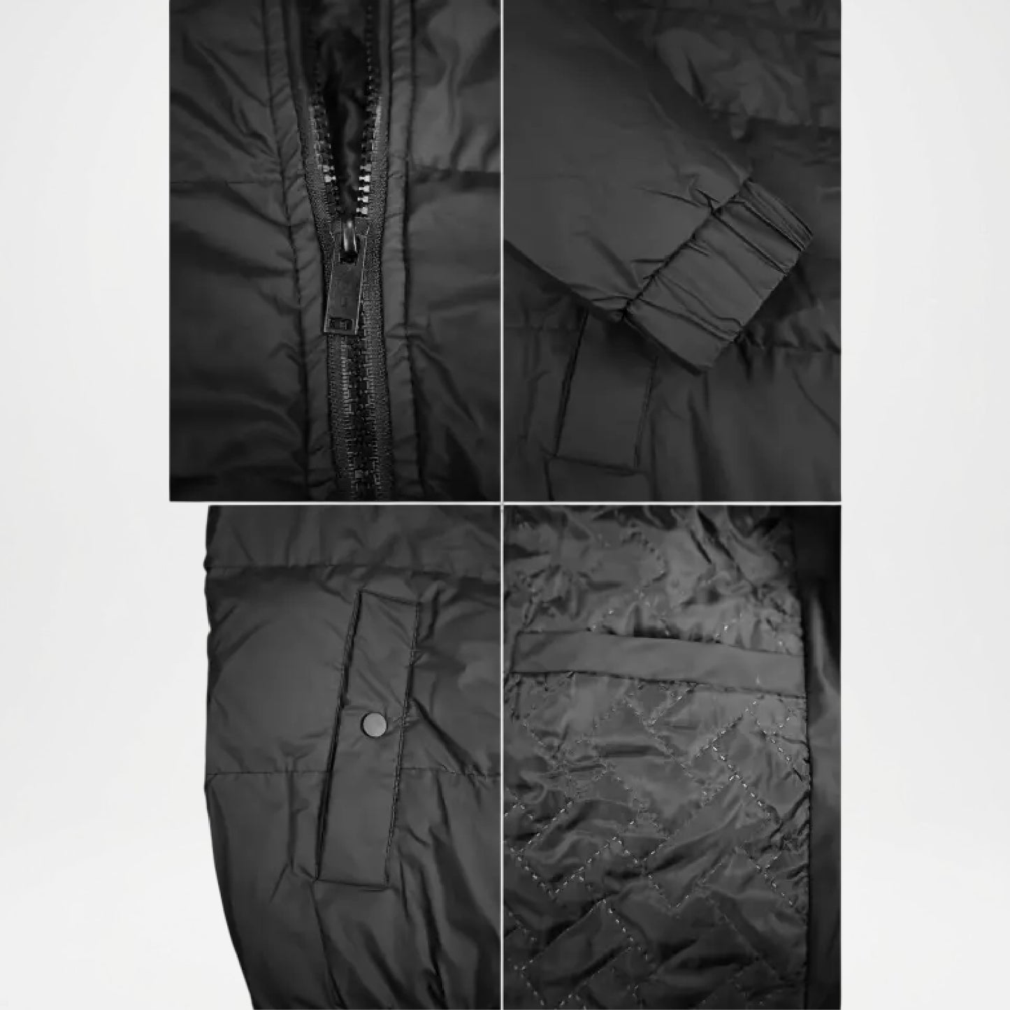 Collage of a black puffer jacket showing details like zipper, fabric texture, and stitching.