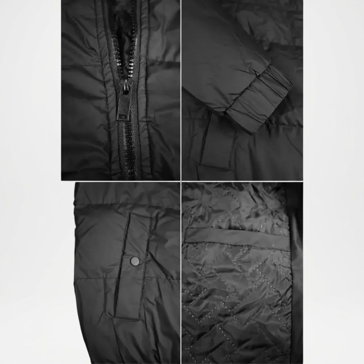 Collage of a black puffer jacket showing details like zipper, fabric texture, and stitching.