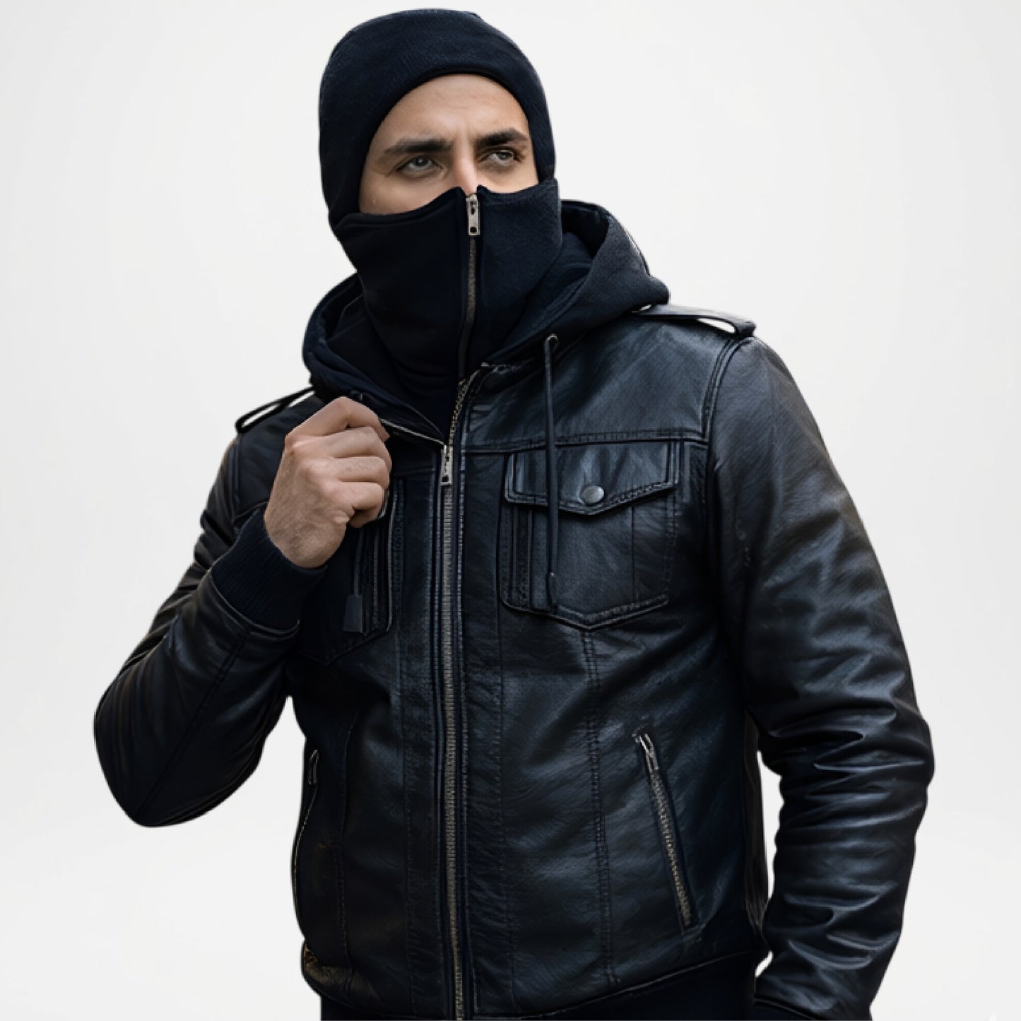 Men’s Black Balaclava Leather Bomber Jacket