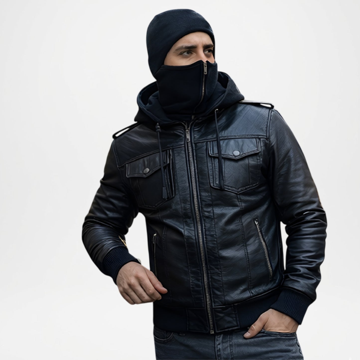 black leather balaclava jacket