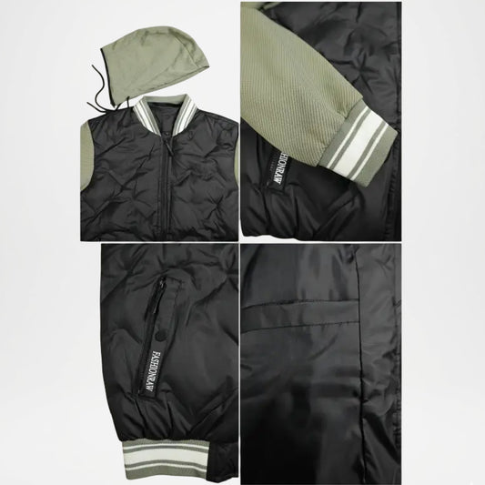 black hooded varsity jacket