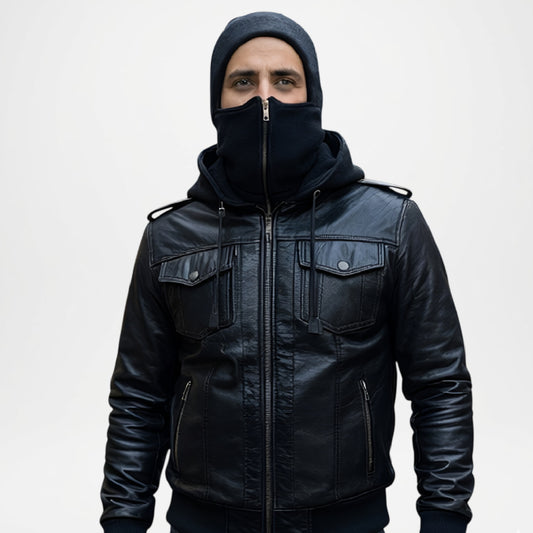black leather Bomber  jacket and hood 