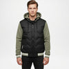 black and green varsity jacket with a hood 