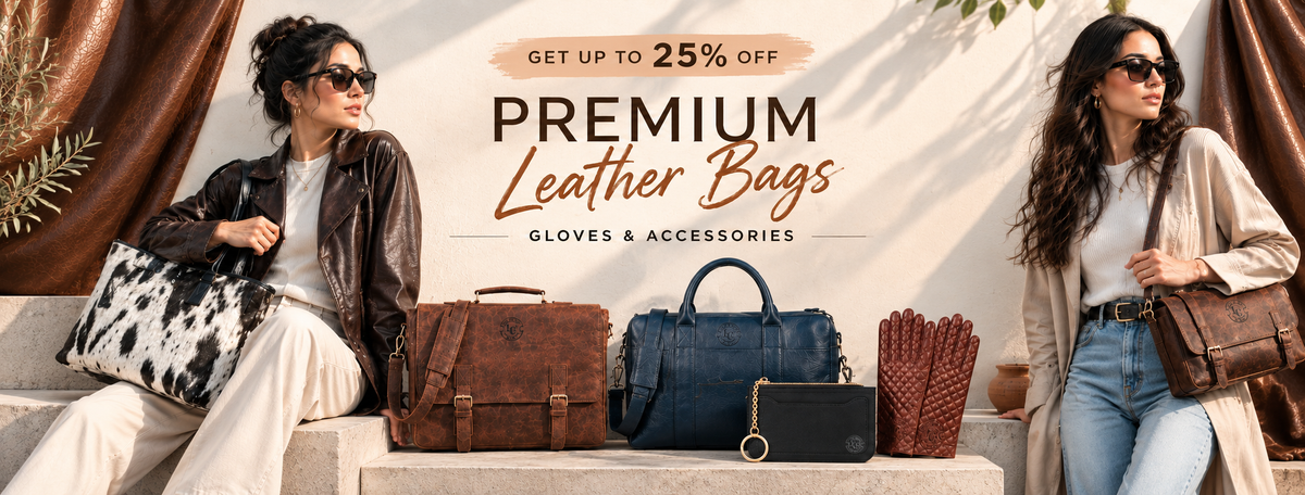 A promotional banner for leather bags featuring two women seated on a stone bench flanking several leather handbags. The center text reads 'GET UP TO 25% OFF PREMIUM Leather Bags GLOVES & ACCESSORIES.