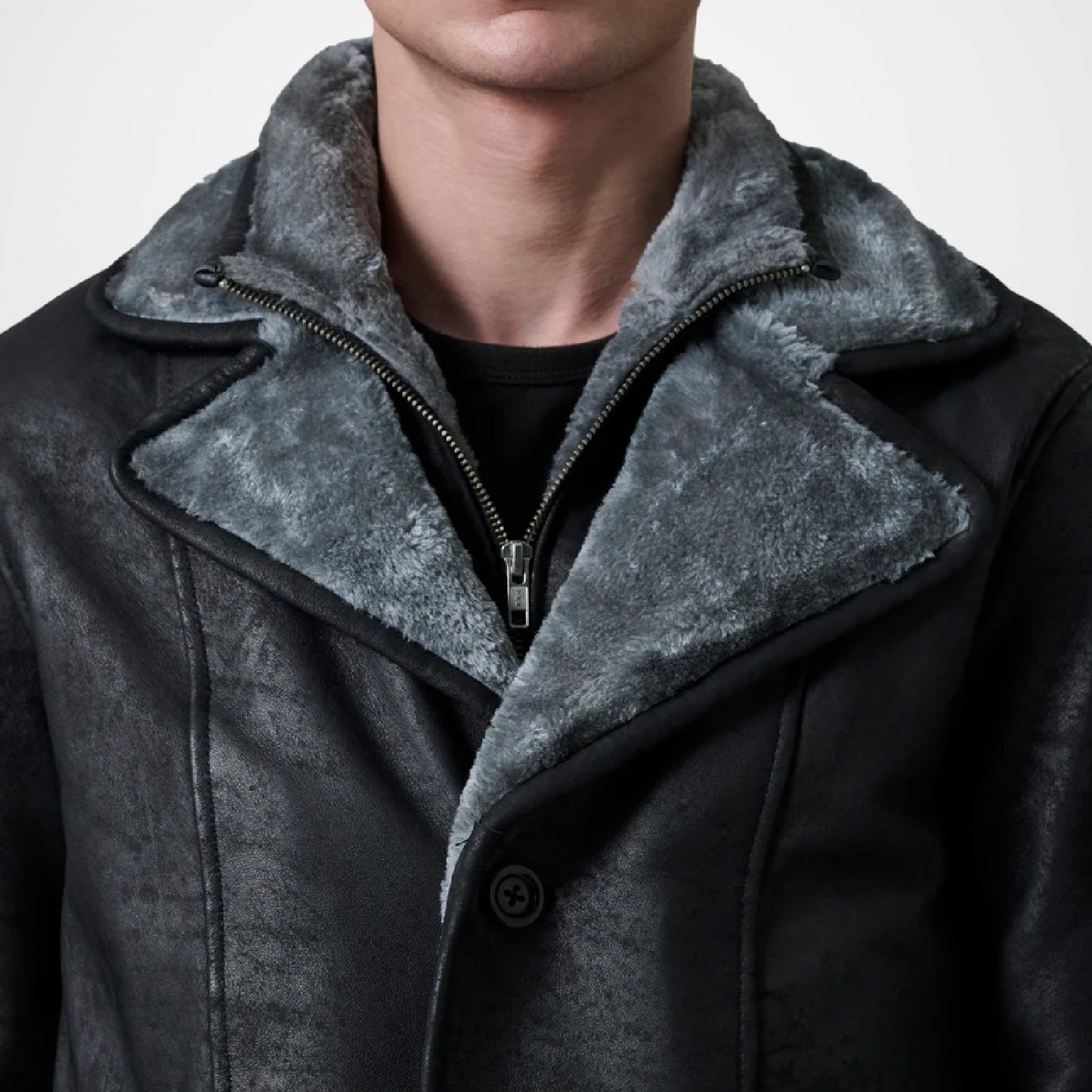 Cai Distressed Black Leather Shearling Coat for Men