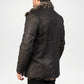 Black leather jacket with fur trim on a white background