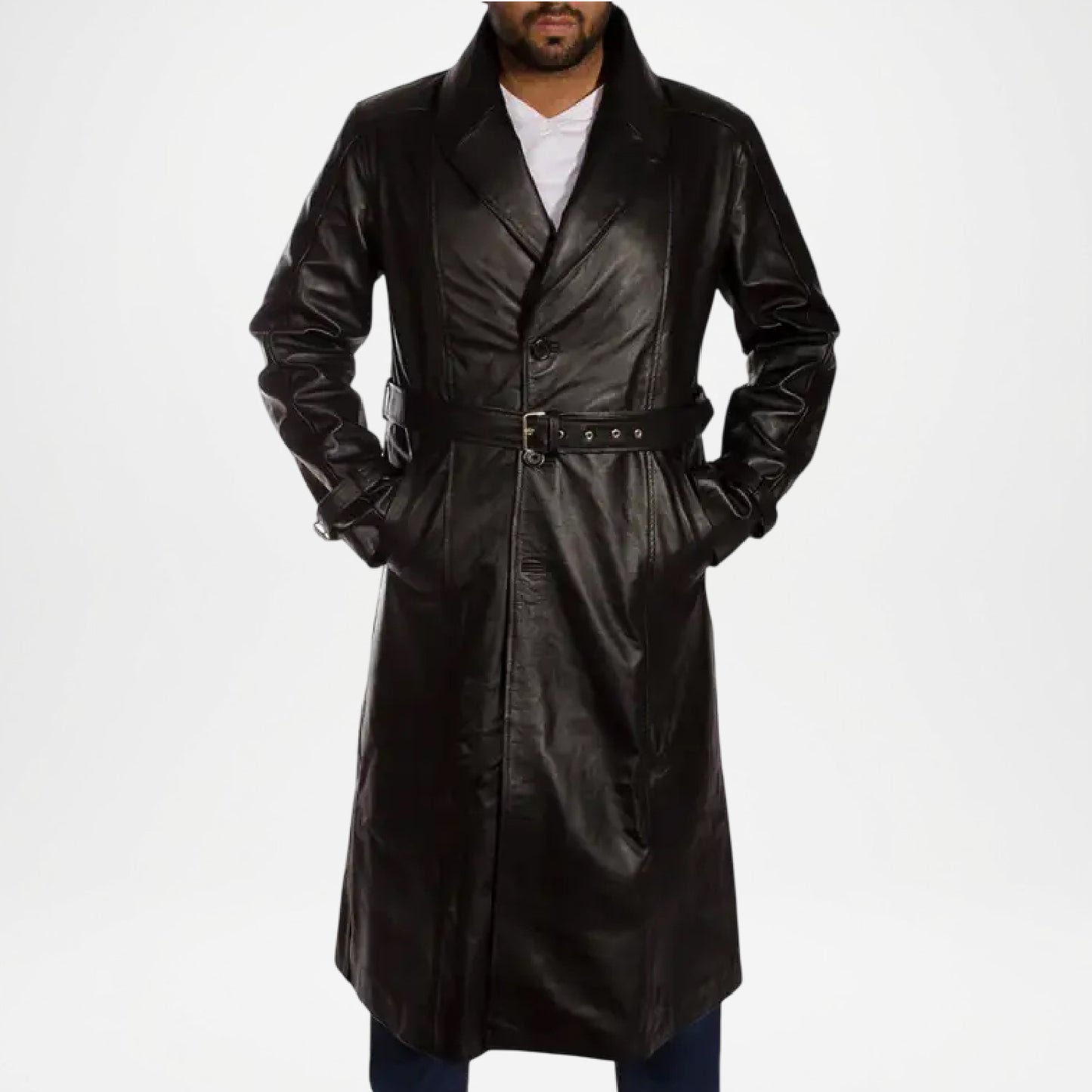 Hooligan Men’s Black Leather Trench Coat