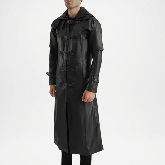 Huntsman Men’s Black Hooded Leather Trench Coat