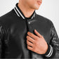 Black Leather Long Coat with Quilted Sleeves