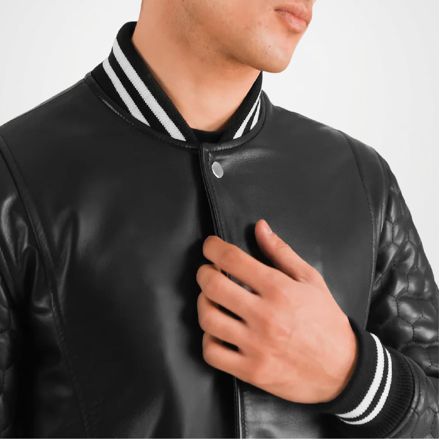 Black Leather Long Coat with Quilted Sleeves