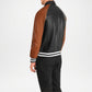 black varsity jacket with brown sleeves