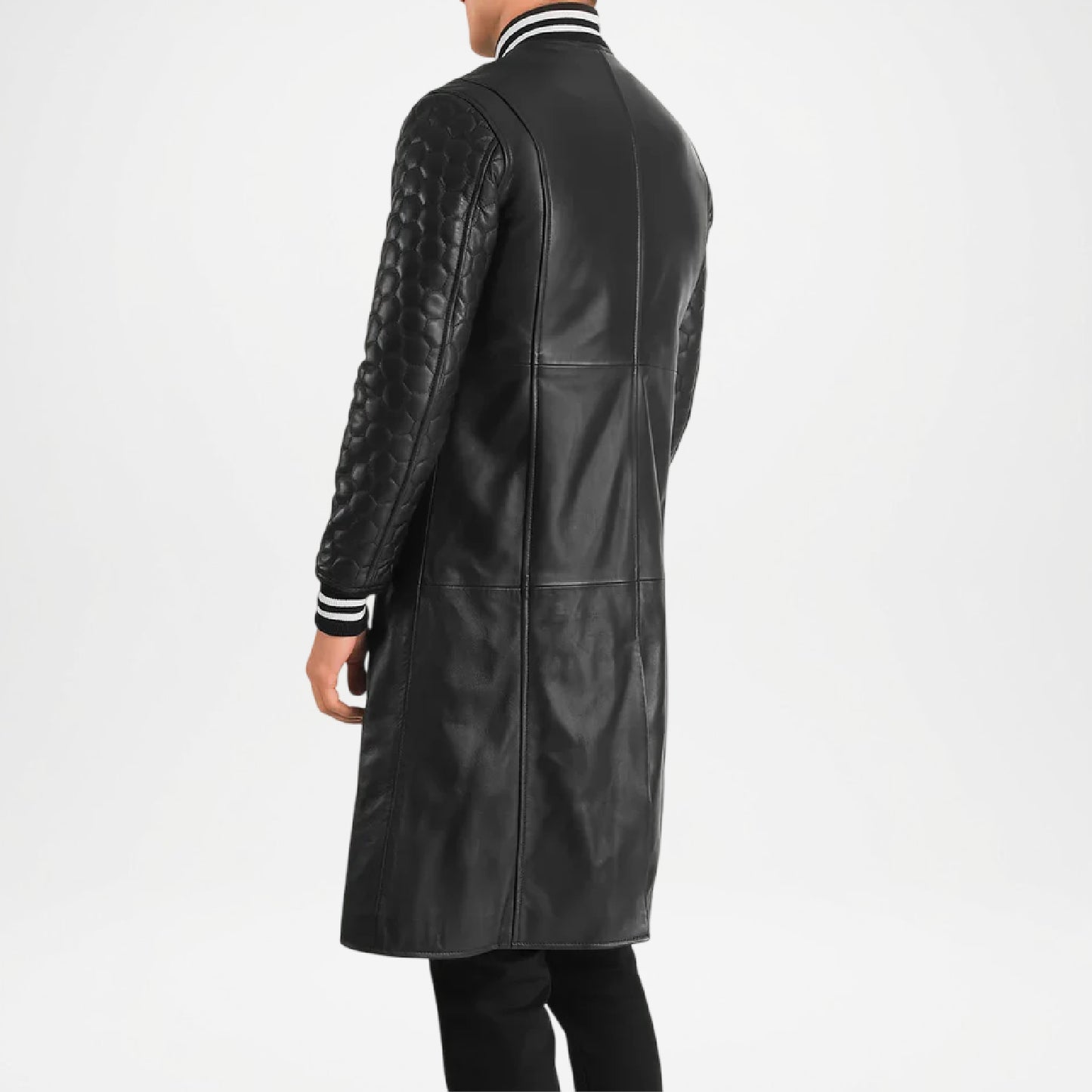 Black Leather Long Coat with Quilted Sleeves