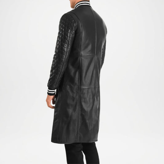 Black Leather Long Coat with Quilted Sleeves