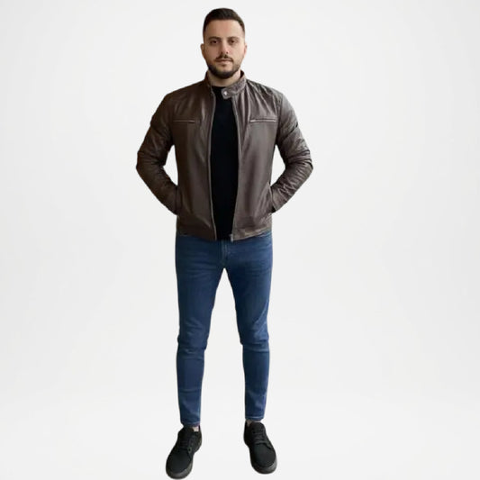 Brown Leather Biker Jacket for Men
