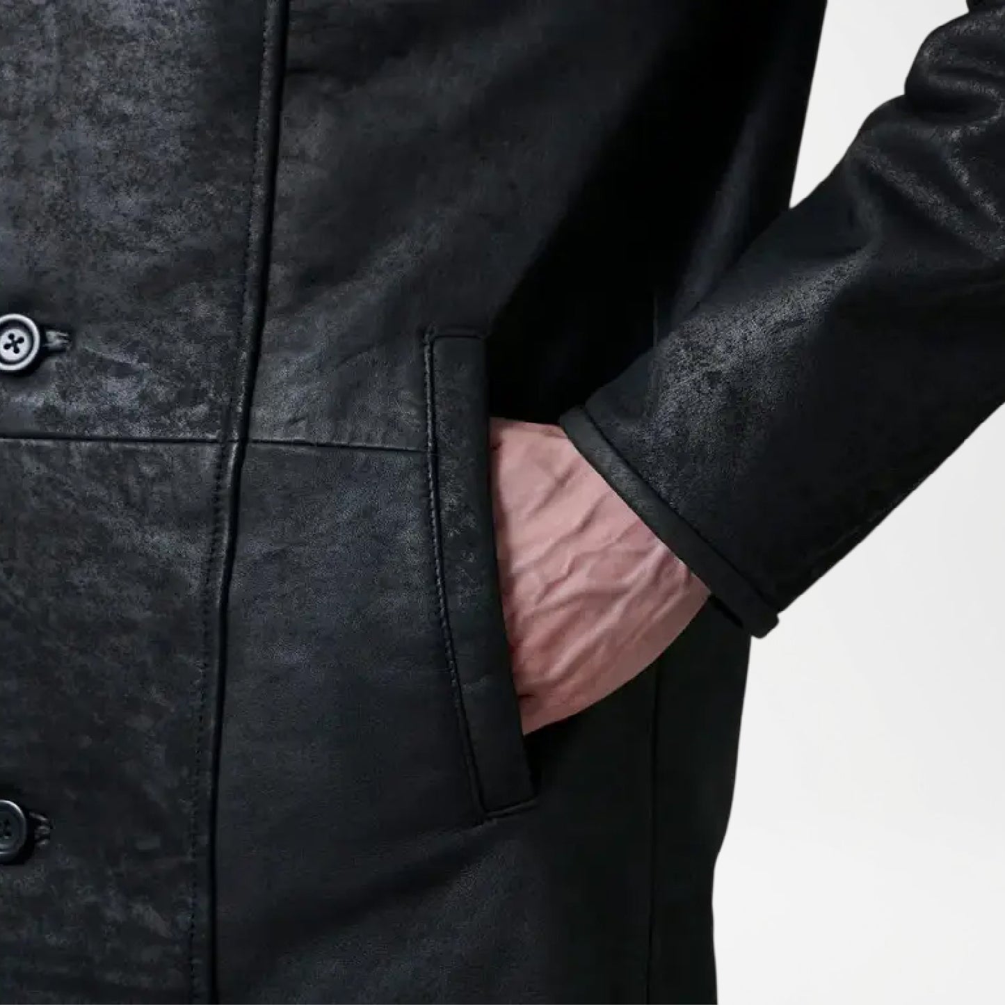 Cai Distressed Black Leather Shearling Coat for Men