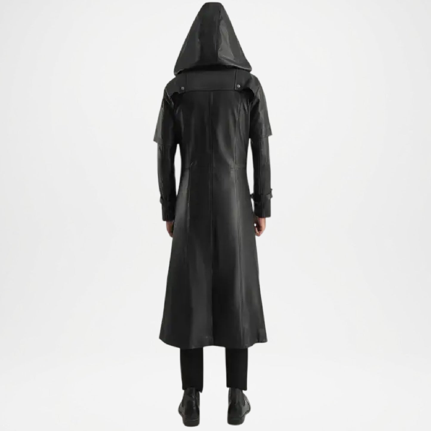Huntsman Men’s Black Hooded Leather Trench Coat