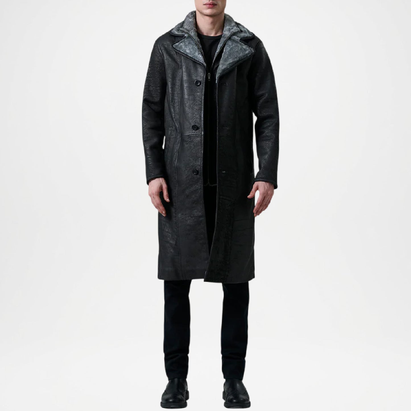 Cai Distressed Black Leather Shearling Coat for Men