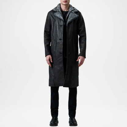 Cai Distressed Black Leather Shearling Coat for Men