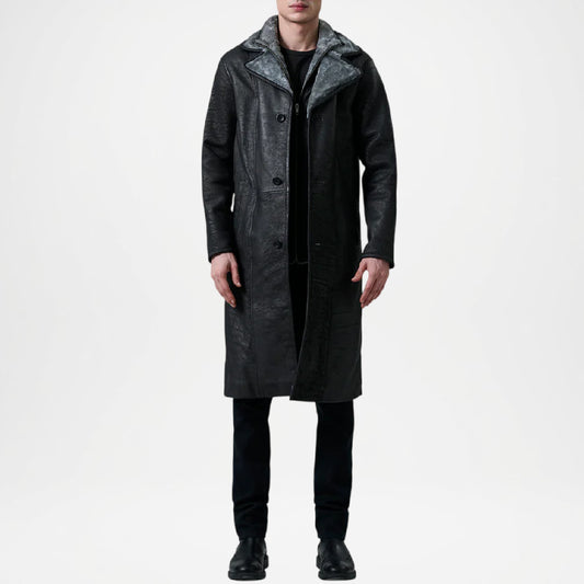 Cai Distressed Black Leather Shearling Coat for Men
