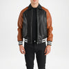 black and brown leather varsity jacket