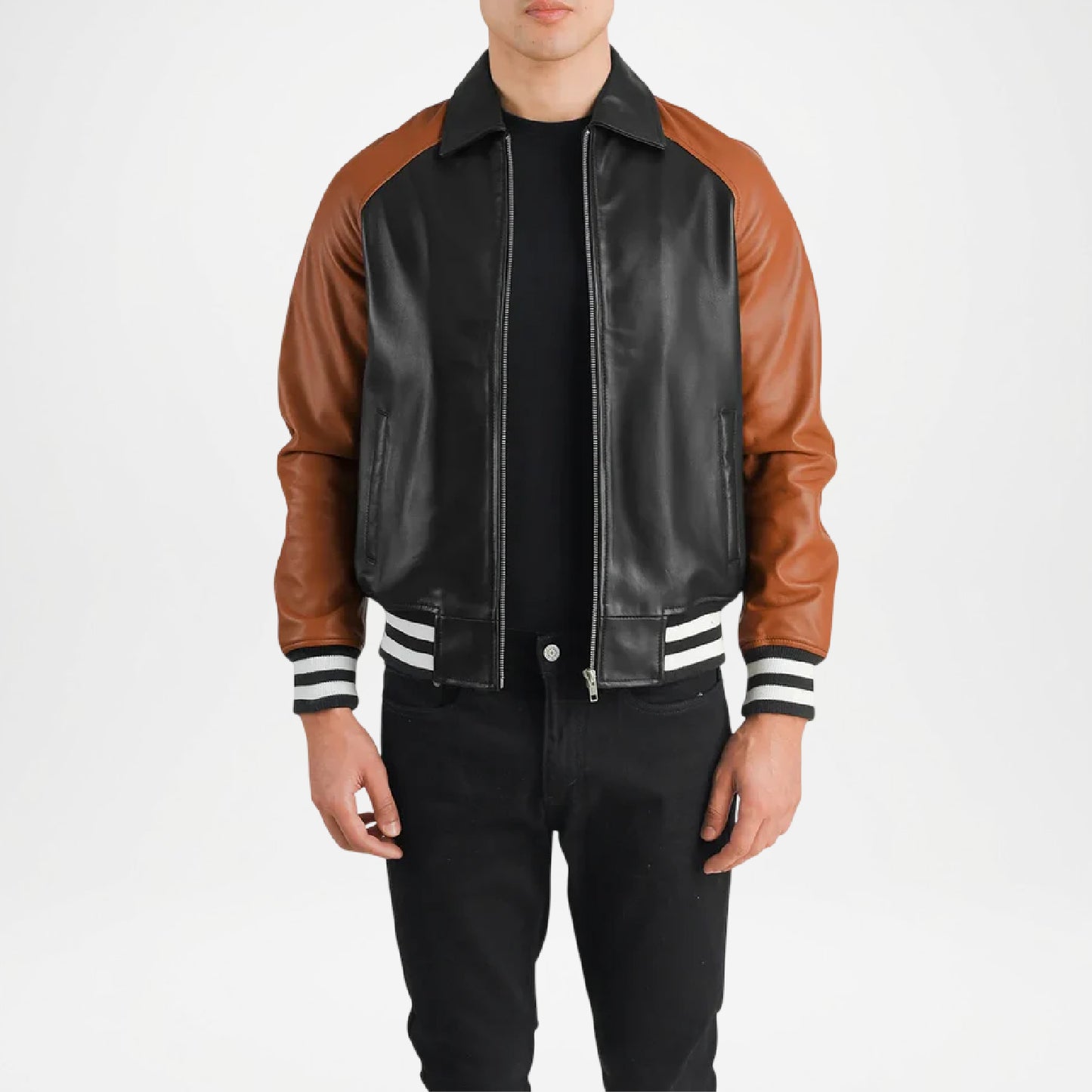 black and brown leather varsity jacket