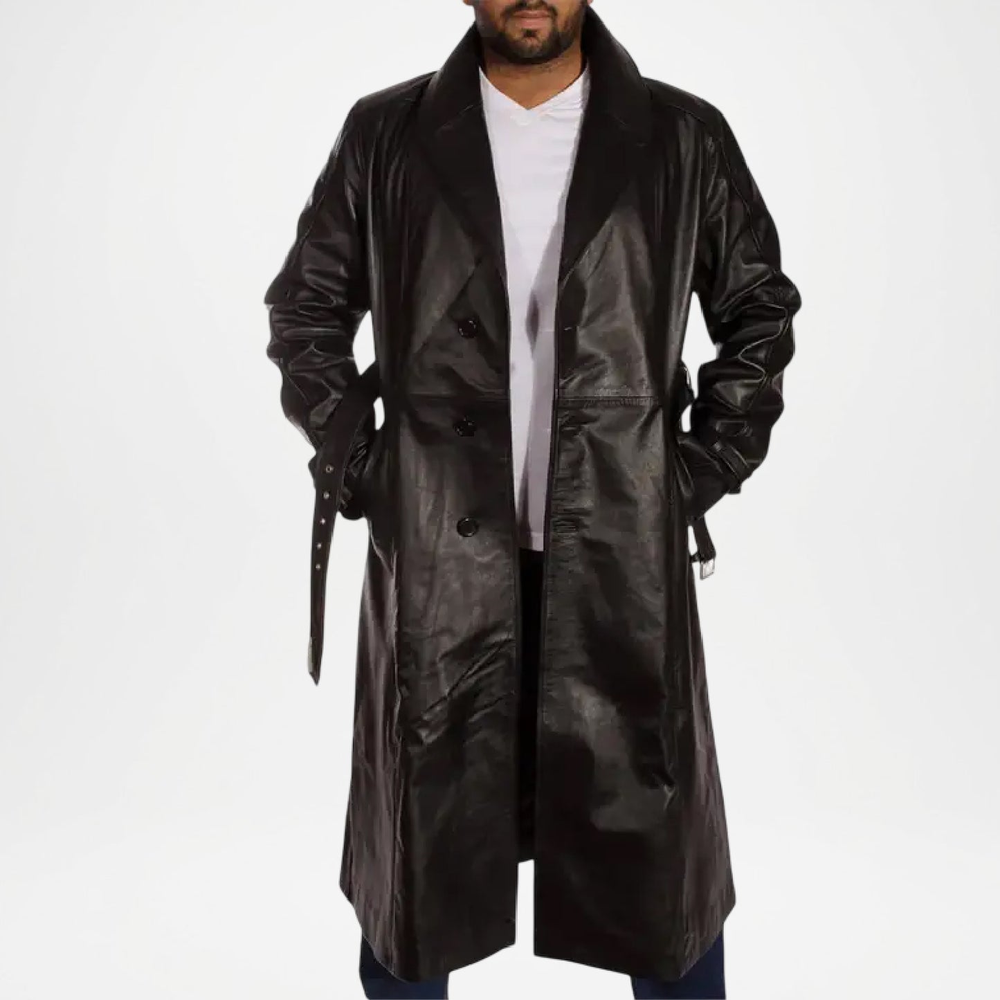 Hooligan Men’s Black Leather Trench Coat