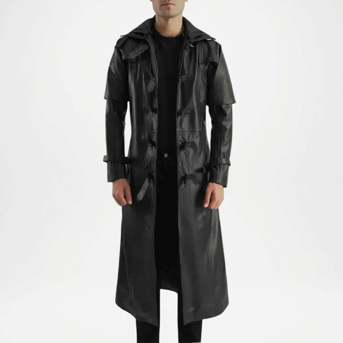 Huntsman Men’s Black Hooded Leather Trench Coat