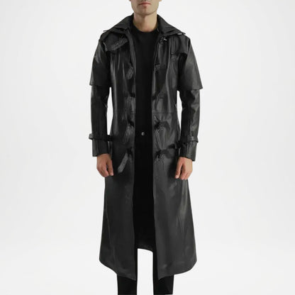 Huntsman Men’s Black Hooded Leather Trench Coat